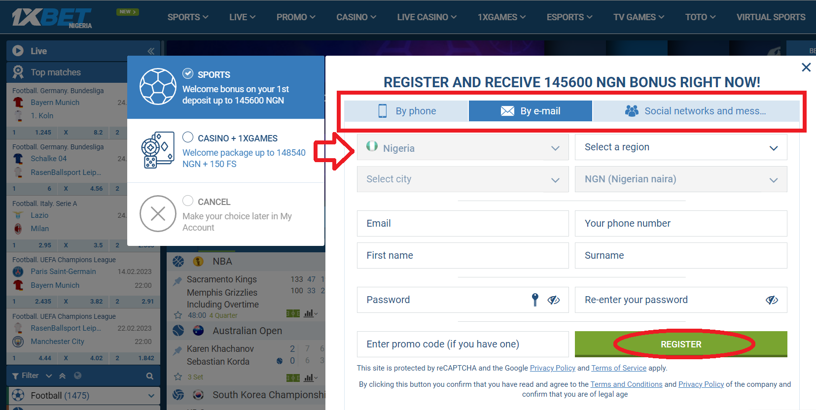 1xBet registration by email